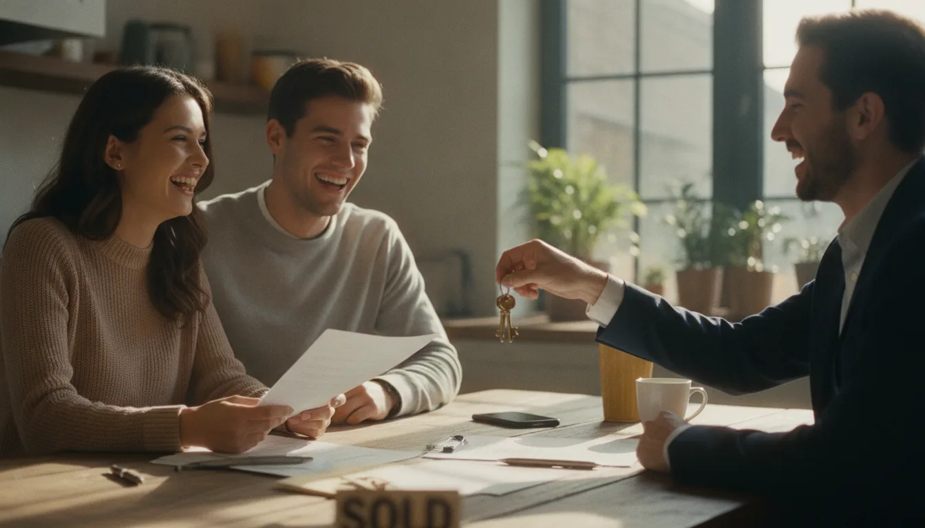 A couple celebrating their home closing with keys in hand